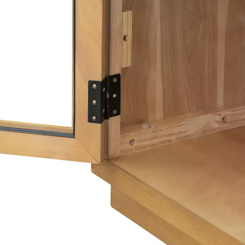 Credenza buffet a 4 ante con ampio spazio contenitore, ante in vetro e ripiani regolabili per sala da pranzo e soggiorno, legno naturale