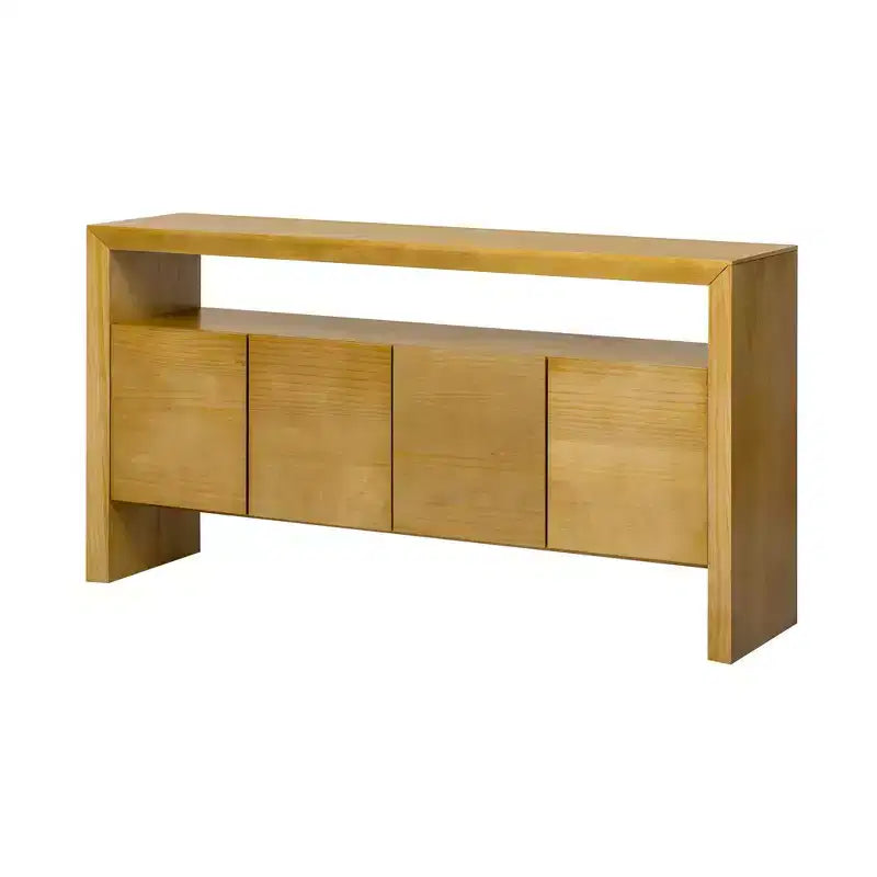 Aparador moderno con 4 puertas y estante abierto, mesa consola, acabado natural