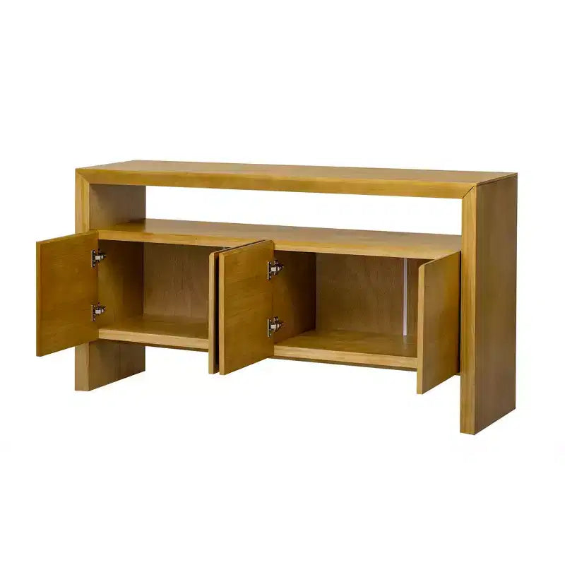 Aparador moderno con 4 puertas y estante abierto, mesa consola, acabado natural