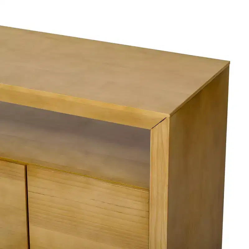 Aparador moderno con 4 puertas y estante abierto, mesa consola, acabado natural