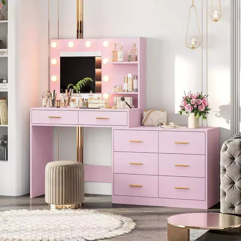 Toeletta da trucco da 61 con specchio, 8 ampi cassetti, ripiani contenitori a 2 livelli, specchio regolabile a 3 modalità, tavolo da toeletta rosa per camera da letto
