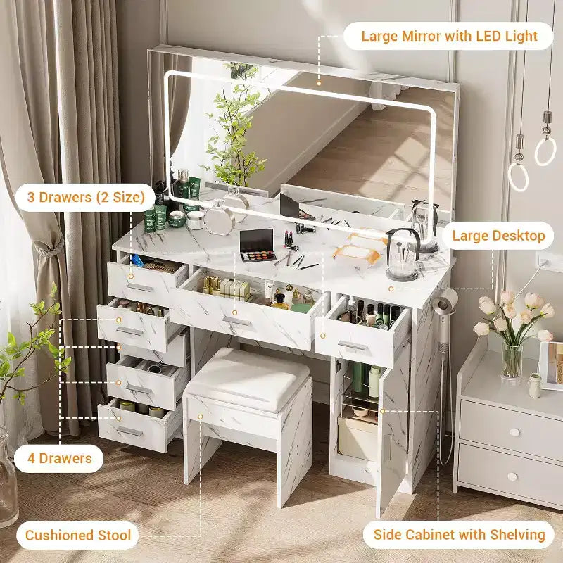 Set moderno da toeletta, tavolo da trucco con 7 cassetti e ampio specchio LED, luminosità regolabile, sgabello imbottito e vano portaoggetti nascosto, bianco marmo