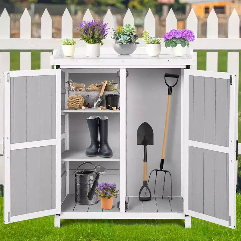 Armario de almacenamiento para exterior, banco de jardinería: estación de trabajo de madera impermeable con encimera galvanizada y estantes ajustables para patio trasero, terraza o jardín