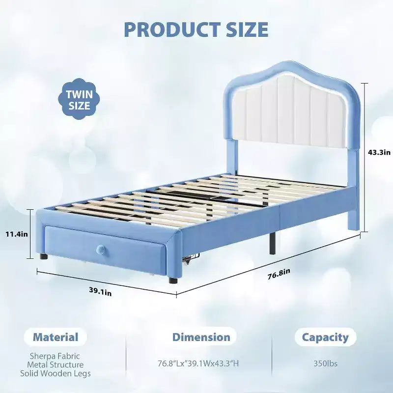Estructura de cama individual de terciopelo con función de iluminación, cajón de almacenamiento y cabecero tapizado, sin necesidad de somier, azul