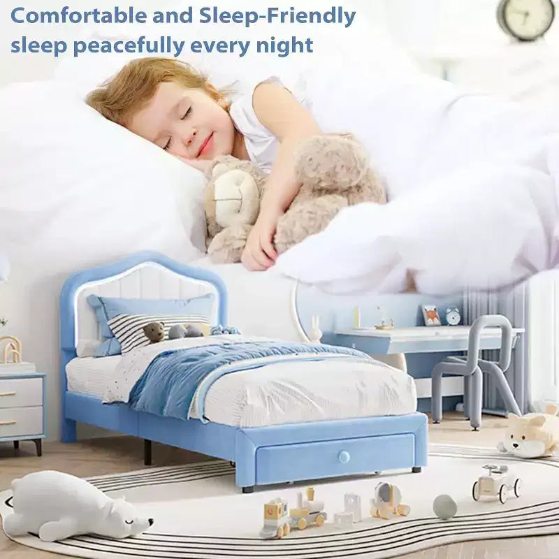 Estructura de cama individual de terciopelo con función de iluminación, cajón de almacenamiento y cabecero tapizado, sin necesidad de somier, azul