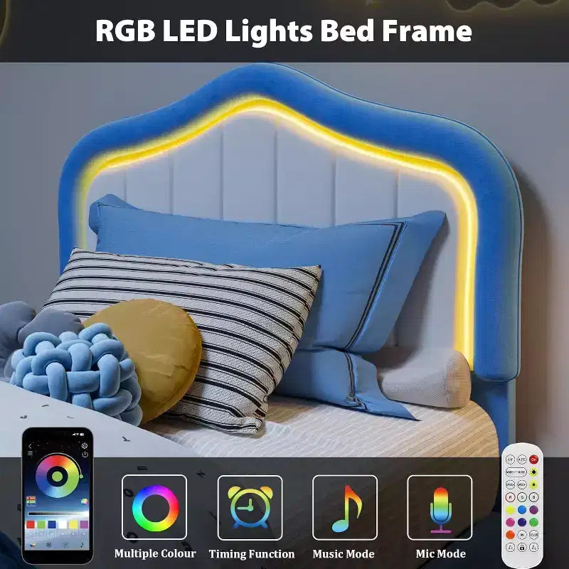 Estructura de cama individual de terciopelo con función de iluminación, cajón de almacenamiento y cabecero tapizado, sin necesidad de somier, azul