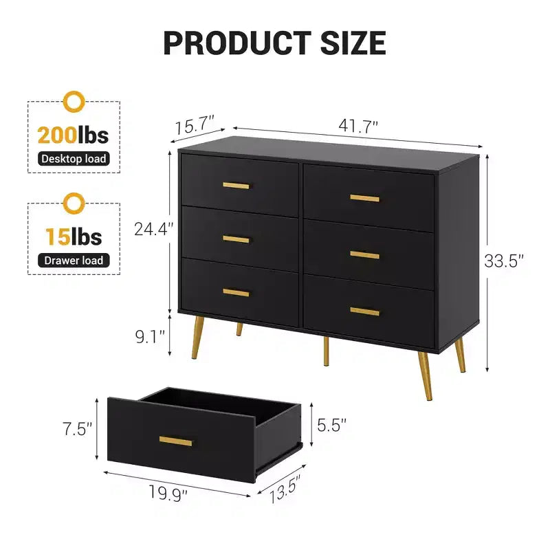 Cassettiera in legno, moderno mobile contenitore con 6 cassetti, maniglie dorate e robuste gambe in metallo, organizer per camera da letto, soggiorno e corridoio