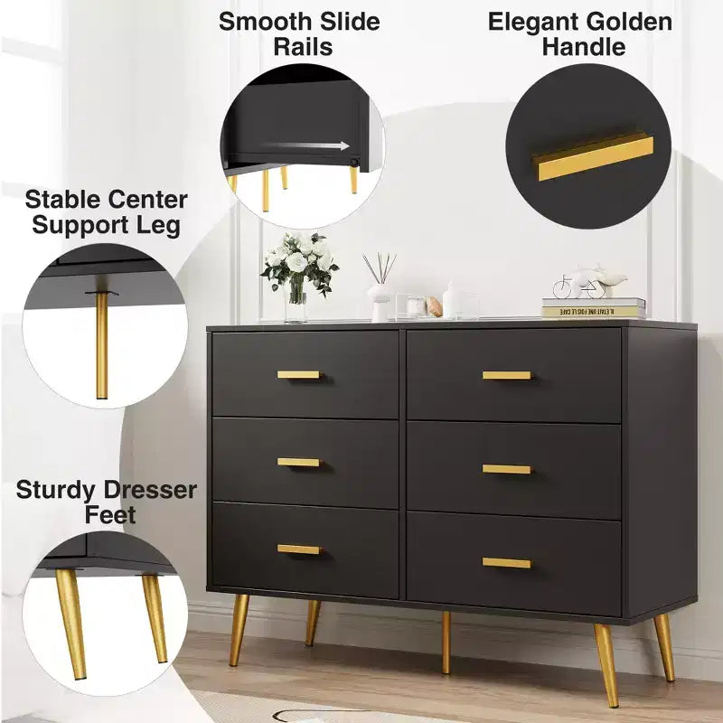 Cassettiera in legno, moderno mobile contenitore con 6 cassetti, maniglie dorate e robuste gambe in metallo, organizer per camera da letto, soggiorno e corridoio