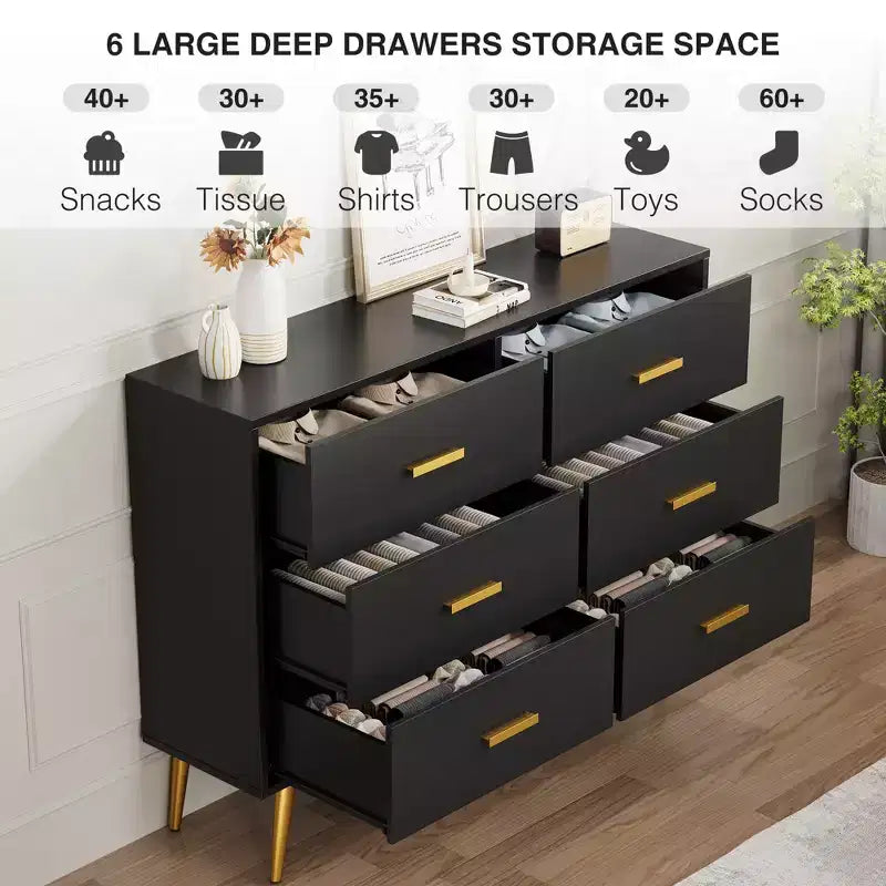 Cassettiera in legno, moderno mobile contenitore con 6 cassetti, maniglie dorate e robuste gambe in metallo, organizer per camera da letto, soggiorno e corridoio