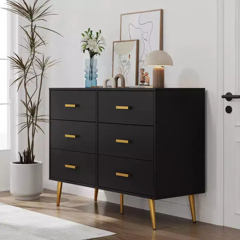 Cassettiera in legno, moderno mobile contenitore con 6 cassetti, maniglie dorate e robuste gambe in metallo, organizer per camera da letto, soggiorno e corridoio