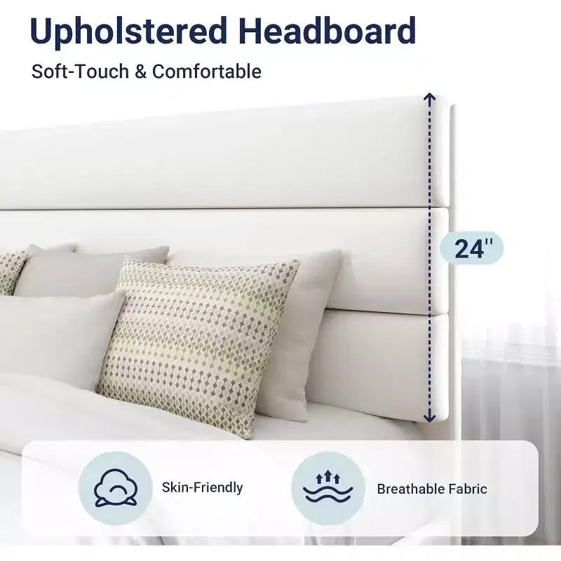 Cama tapizada de terciopelo con listones de madera, no necesita somier, fácil de montar, blanca