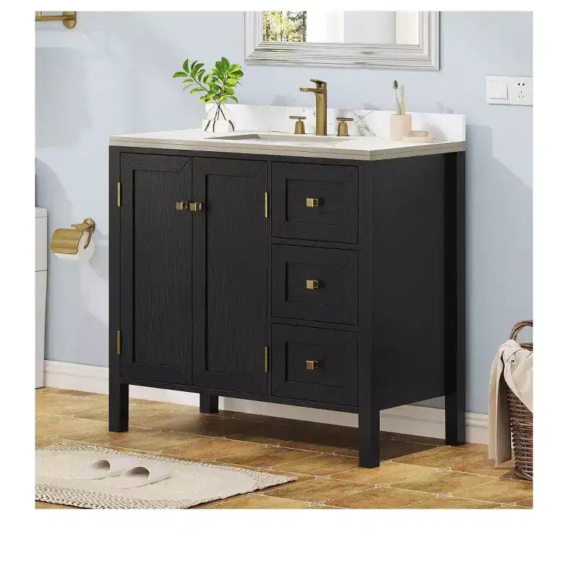 Mueble de baño de 36 pulgadas con lavabo de cerámica, gabinete de almacenamiento con 2 puertas y 3 cajones, 2 puertas