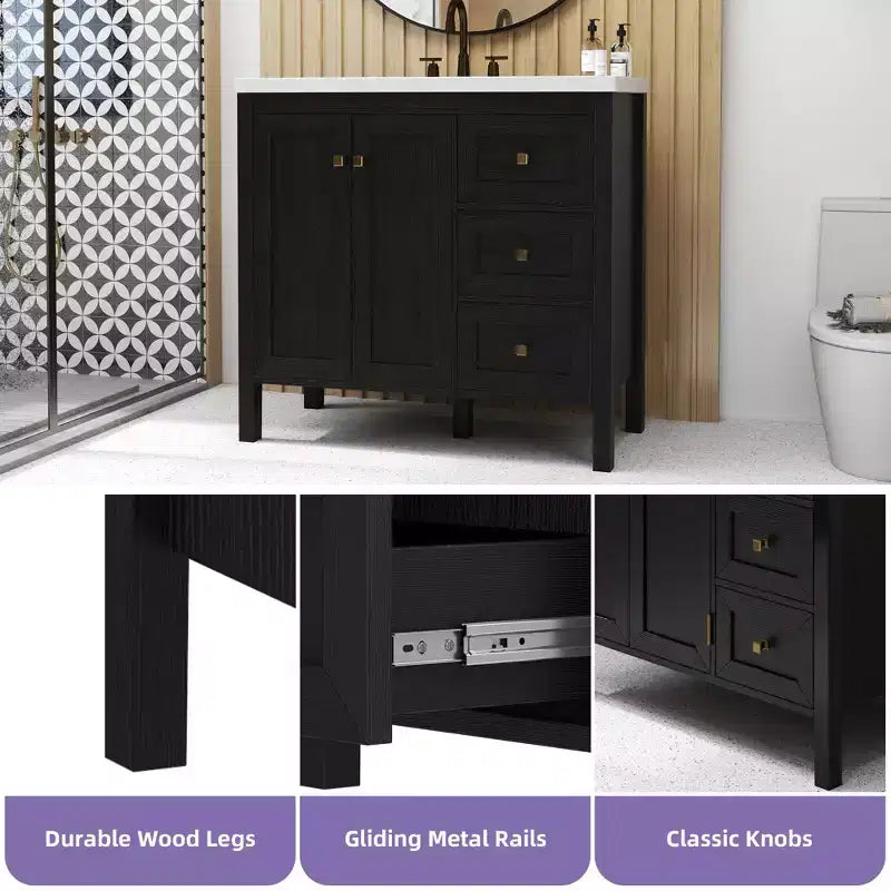 Mueble de baño de 36 pulgadas con lavabo de cerámica, gabinete de almacenamiento con 2 puertas y 3 cajones, 2 puertas
