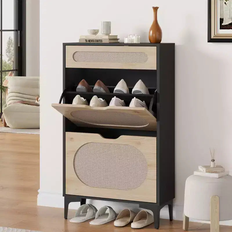 Zapatero de ratán con 2 cajones abatibles y 1 cajón extraíble, gabinete para guardar zapatos, estante ajustable en 3 posiciones, zapatero estrecho para la entrada