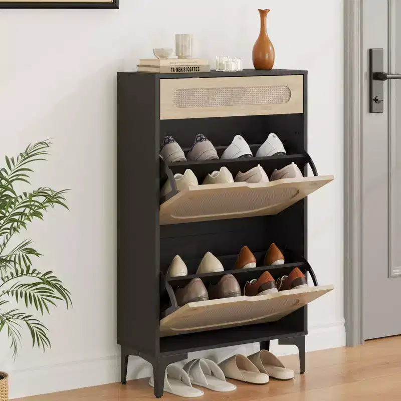 Zapatero de ratán con 2 cajones abatibles y 1 cajón extraíble, gabinete para guardar zapatos, estante ajustable en 3 posiciones, zapatero estrecho para la entrada