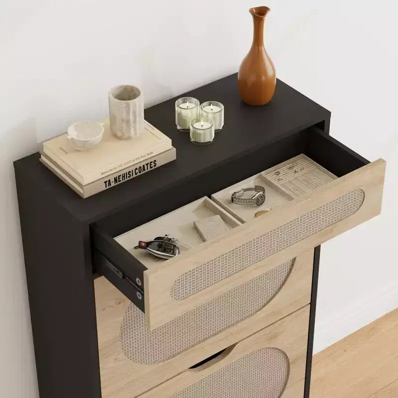 Zapatero de ratán con 2 cajones abatibles y 1 cajón extraíble, gabinete para guardar zapatos, estante ajustable en 3 posiciones, zapatero estrecho para la entrada