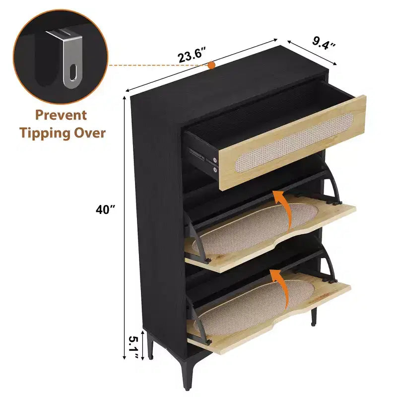 Zapatero de ratán con 2 cajones abatibles y 1 cajón extraíble, gabinete para guardar zapatos, estante ajustable en 3 posiciones, zapatero estrecho para la entrada