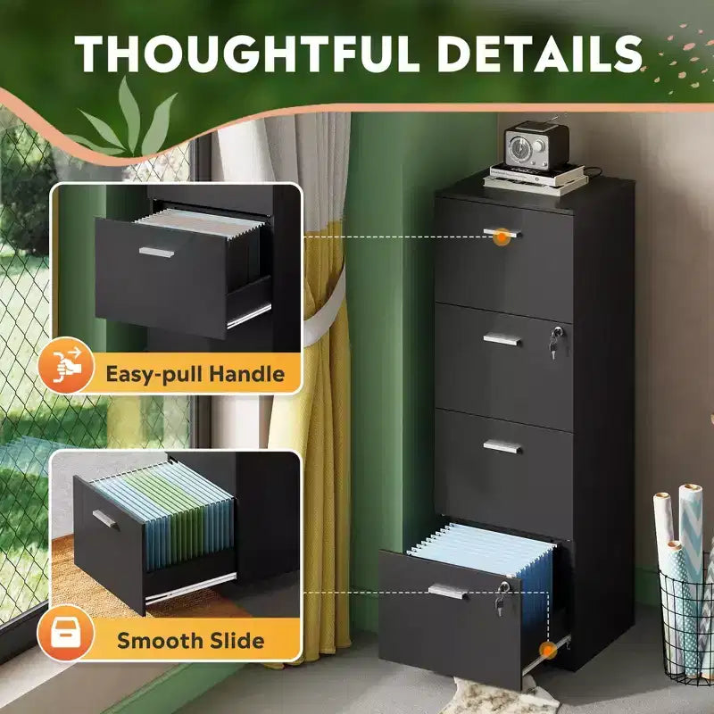 Pionowa szafka na dokumenty z 4 szufladami i zamkiem - drewniany organizer do domowego biura, mieści dokumenty w formacie A4/Letter