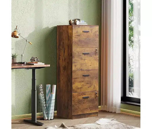 Archivador vertical de 4 cajones con cerradura - organizador de almacenamiento de madera para oficina en casa, compatible con archivos tamaño A4/carta