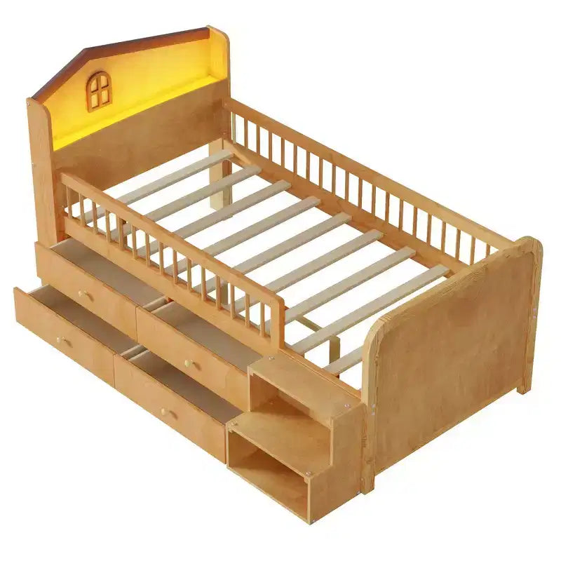 Cama alta baja individual con luces LED, cabecero en forma de casa y cajones de almacenamiento, construcción sólida