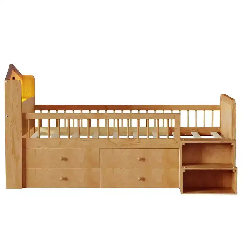 Cama alta baja individual con luces LED, cabecero en forma de casa y cajones de almacenamiento, construcción sólida