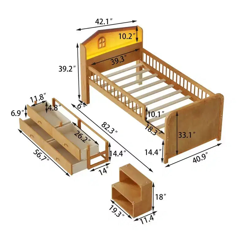Cama alta baja individual con luces LED, cabecero en forma de casa y cajones de almacenamiento, construcción sólida