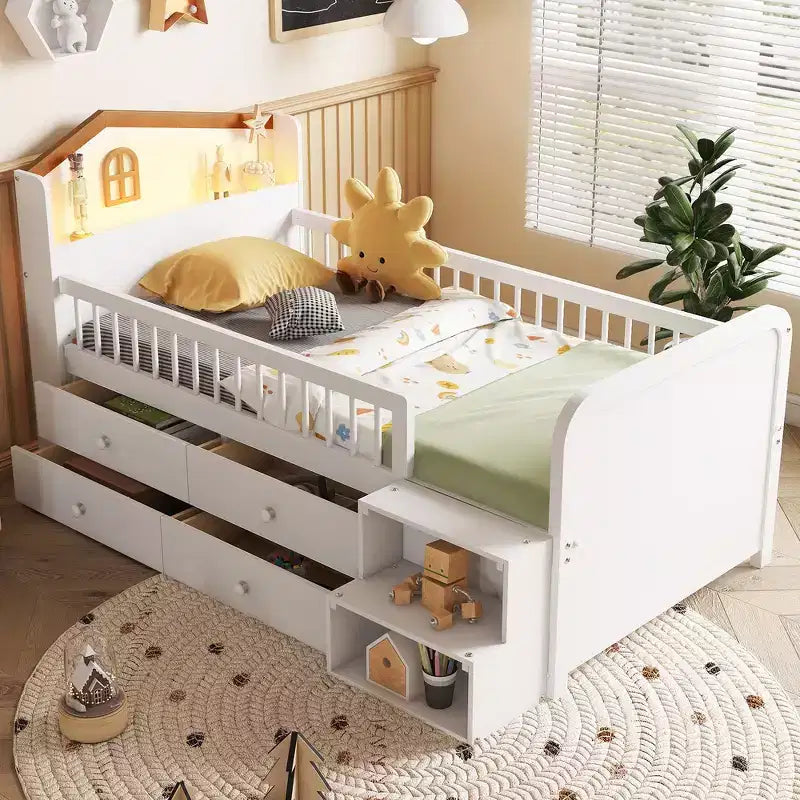Cama alta baja individual con luces LED, cabecero en forma de casa y cajones de almacenamiento, construcción sólida