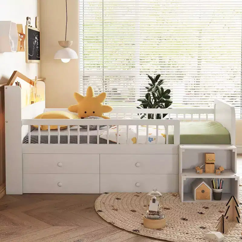 Cama alta baja individual con luces LED, cabecero en forma de casa y cajones de almacenamiento, construcción sólida