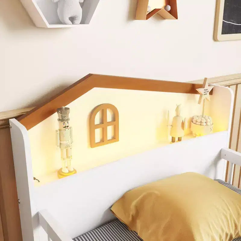 Cama alta baja individual con luces LED, cabecero en forma de casa y cajones de almacenamiento, construcción sólida