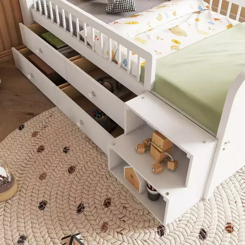 Cama alta baja individual con luces LED, cabecero en forma de casa y cajones de almacenamiento, construcción sólida