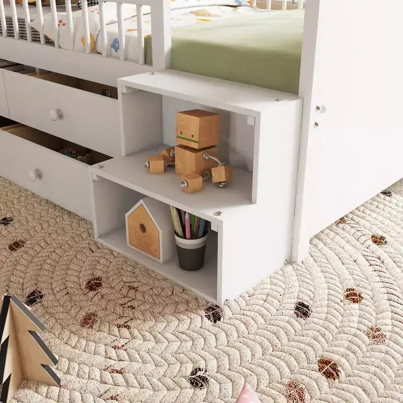 Cama alta baja individual con luces LED, cabecero en forma de casa y cajones de almacenamiento, construcción sólida