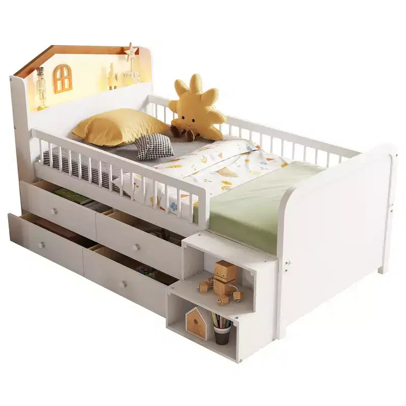 Cama alta baja individual con luces LED, cabecero en forma de casa y cajones de almacenamiento, construcción sólida