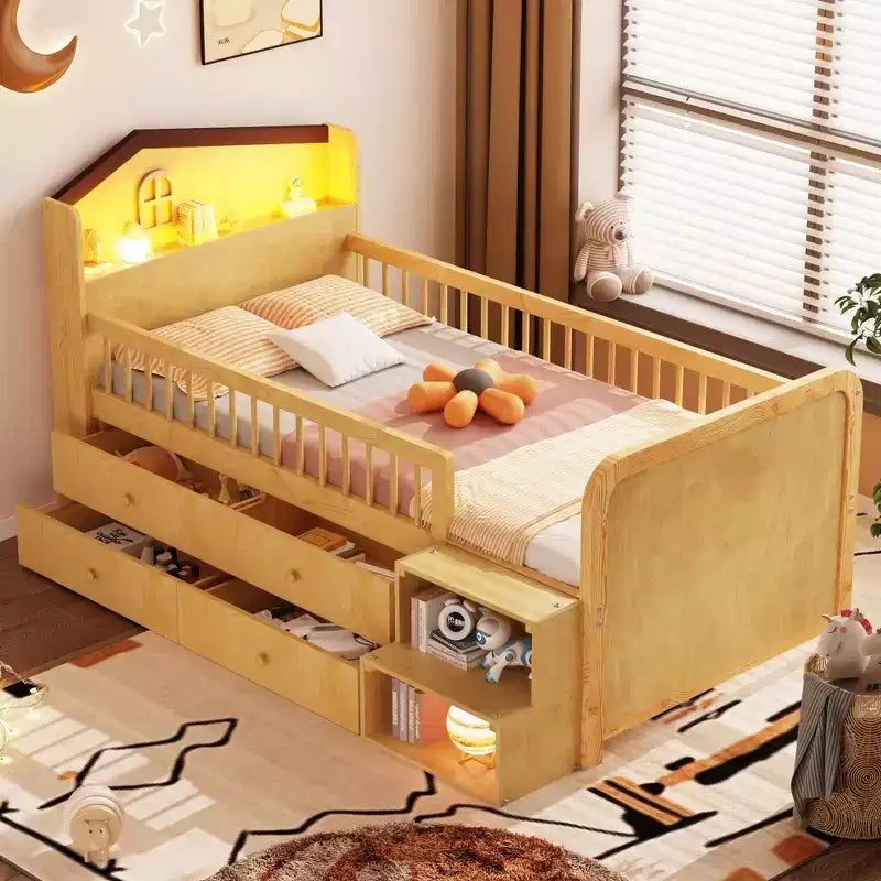 Cama alta baja individual con luces LED, cabecero en forma de casa y cajones de almacenamiento, construcción sólida