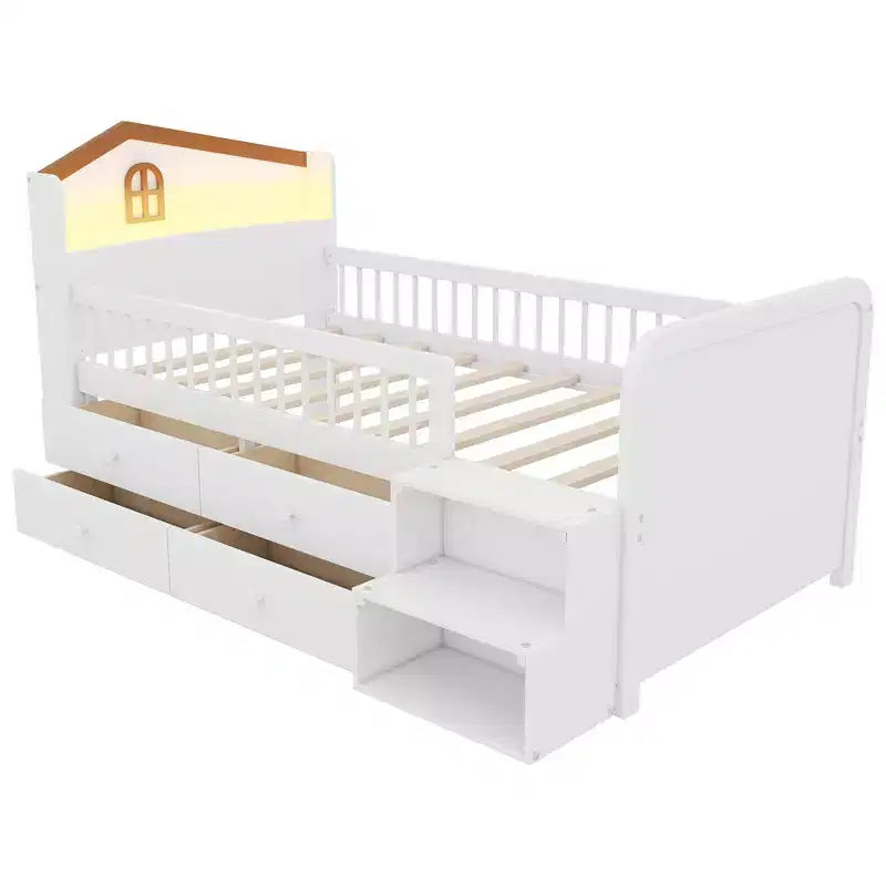 Cama alta baja individual con luces LED, cabecero en forma de casa y cajones de almacenamiento, construcción sólida