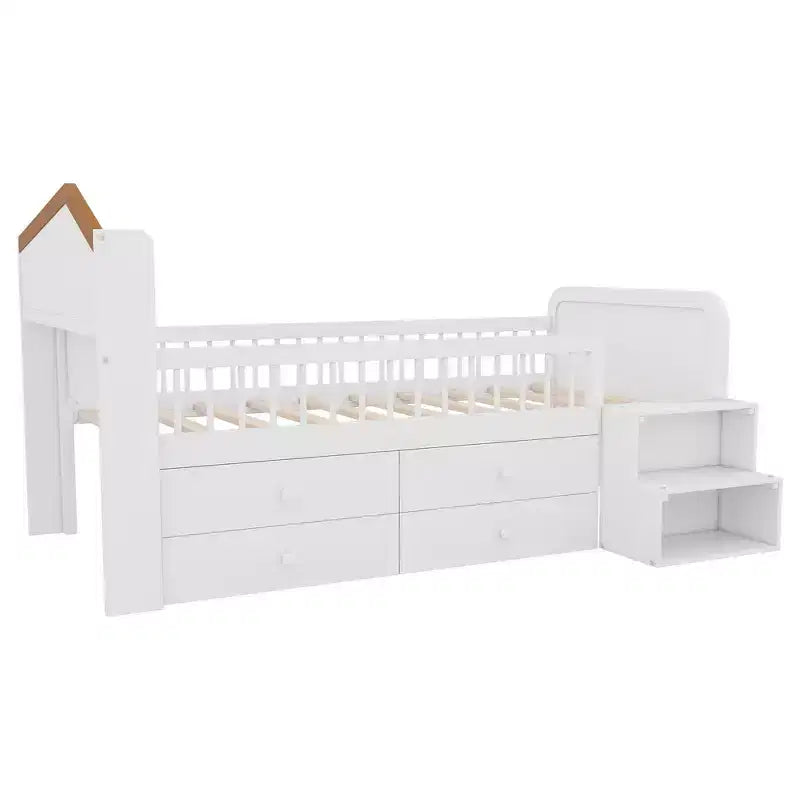 Cama alta baja individual con luces LED, cabecero en forma de casa y cajones de almacenamiento, construcción sólida
