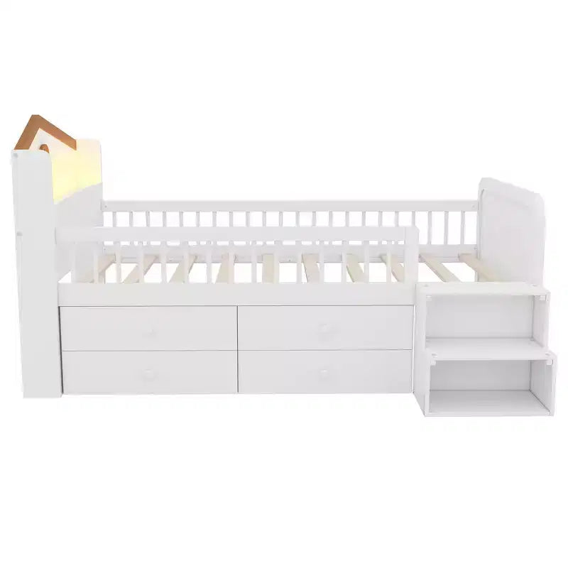 Cama alta baja individual con luces LED, cabecero en forma de casa y cajones de almacenamiento, construcción sólida