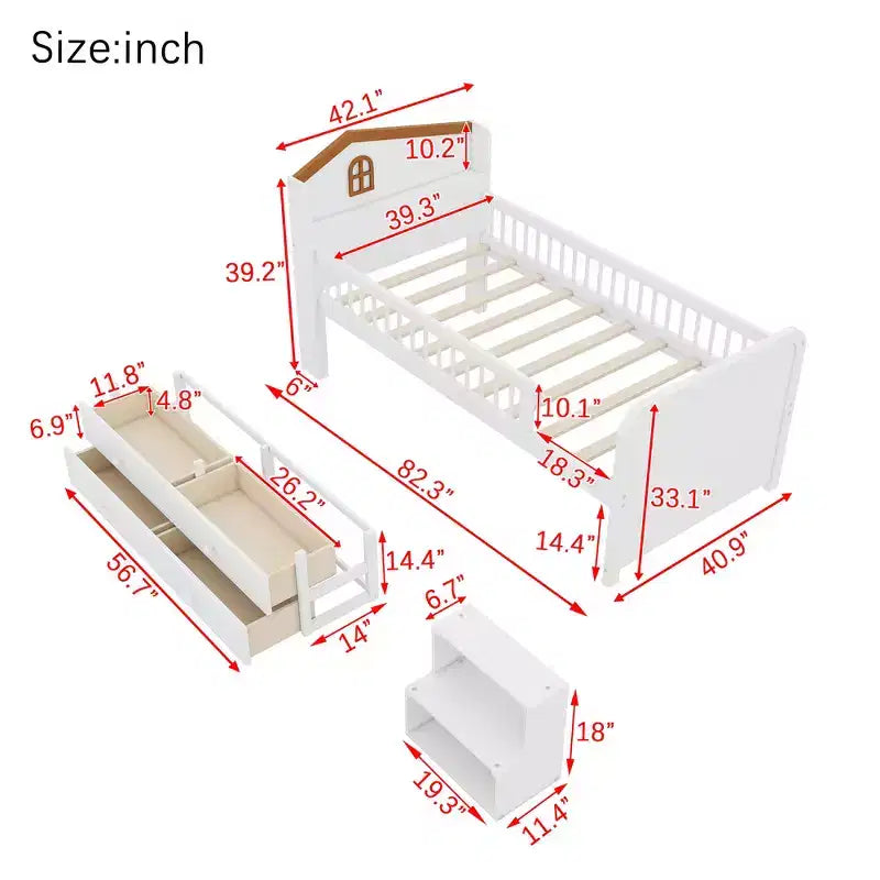 Cama alta baja individual con luces LED, cabecero en forma de casa y cajones de almacenamiento, construcción sólida