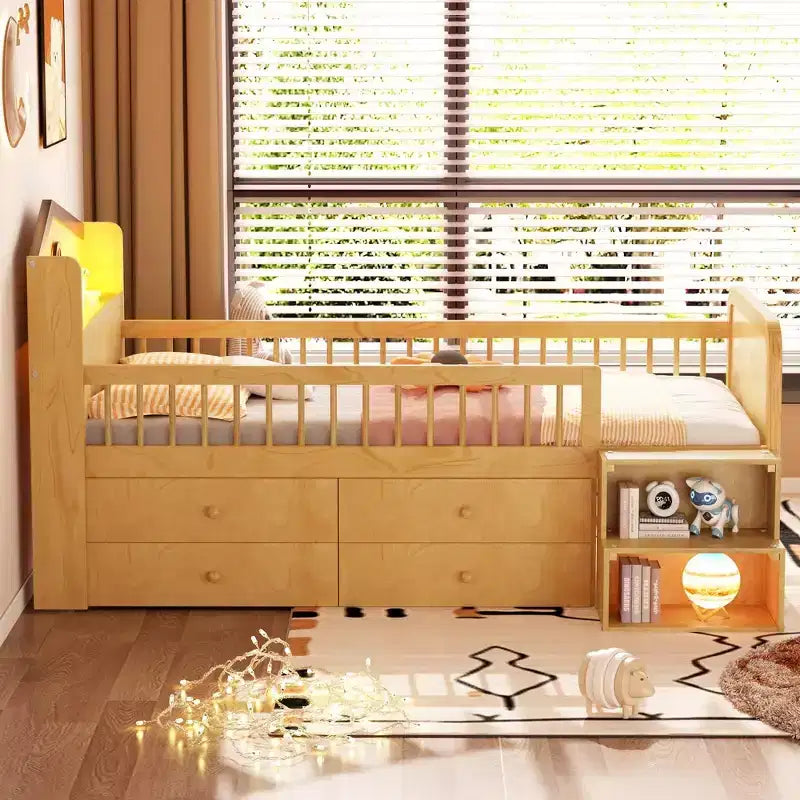 Cama alta baja individual con luces LED, cabecero en forma de casa y cajones de almacenamiento, construcción sólida