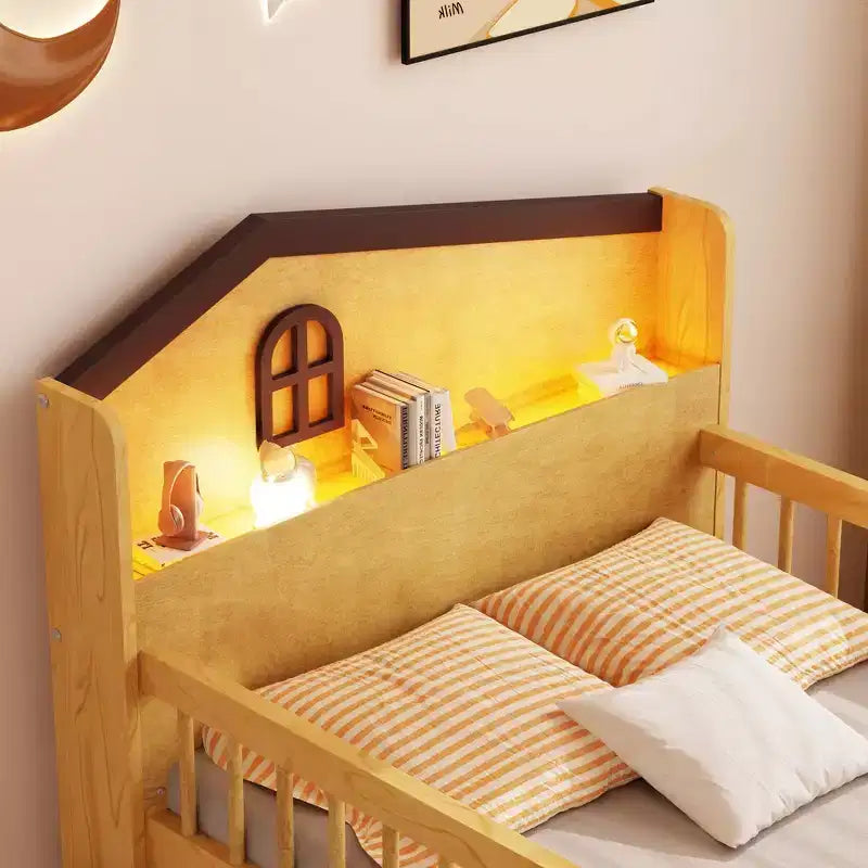 Cama alta baja individual con luces LED, cabecero en forma de casa y cajones de almacenamiento, construcción sólida