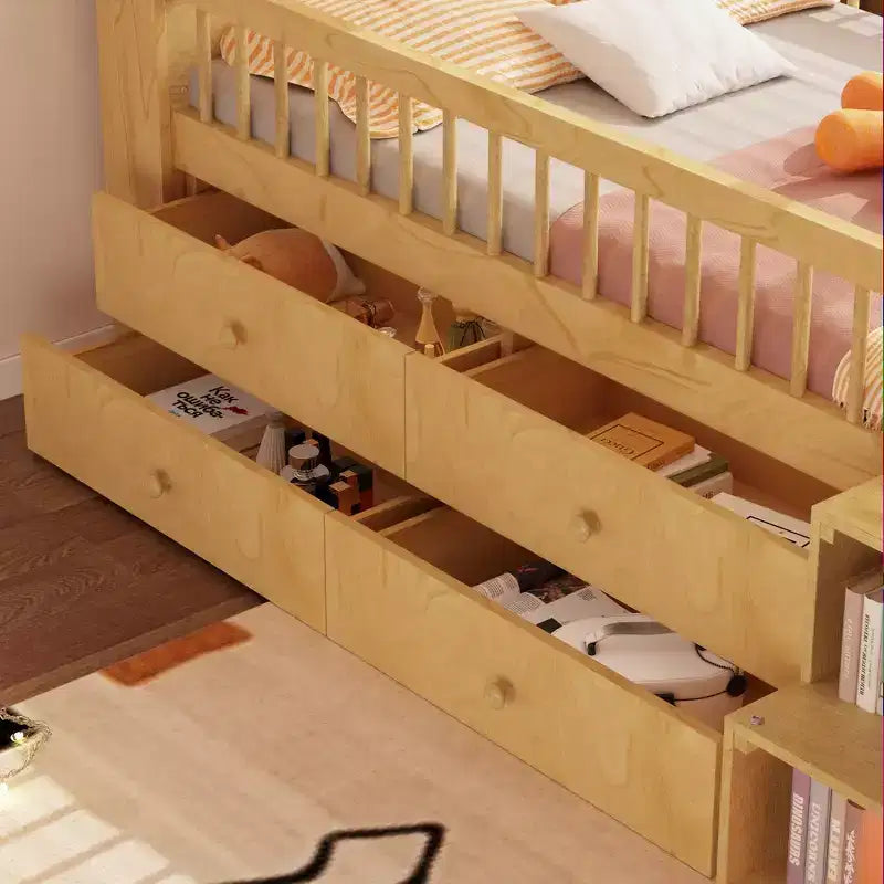Cama alta baja individual con luces LED, cabecero en forma de casa y cajones de almacenamiento, construcción sólida