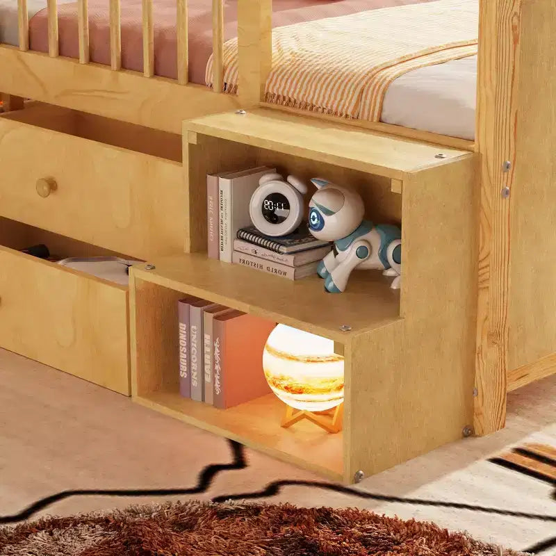 Cama alta baja individual con luces LED, cabecero en forma de casa y cajones de almacenamiento, construcción sólida