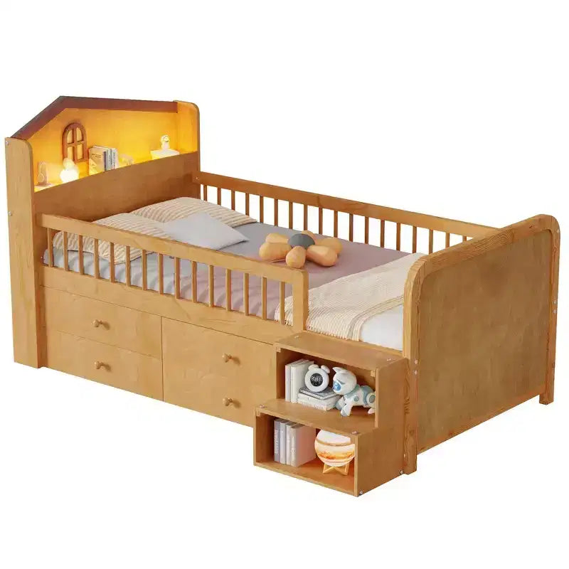 Cama alta baja individual con luces LED, cabecero en forma de casa y cajones de almacenamiento, construcción sólida