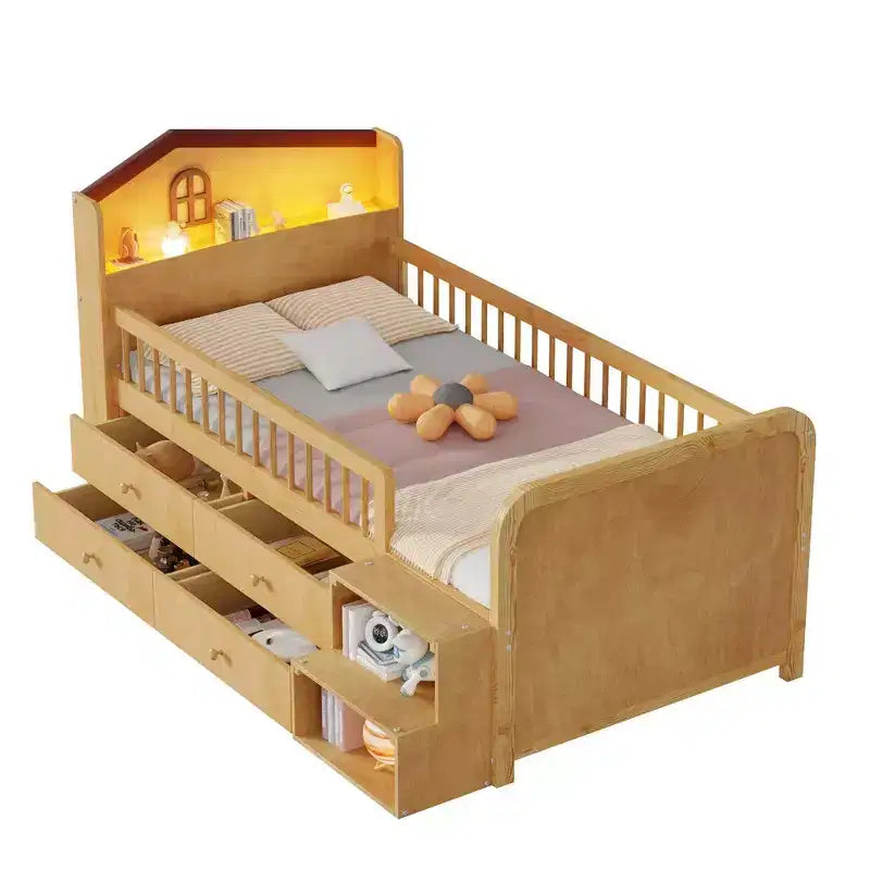 Cama alta baja individual con luces LED, cabecero en forma de casa y cajones de almacenamiento, construcción sólida