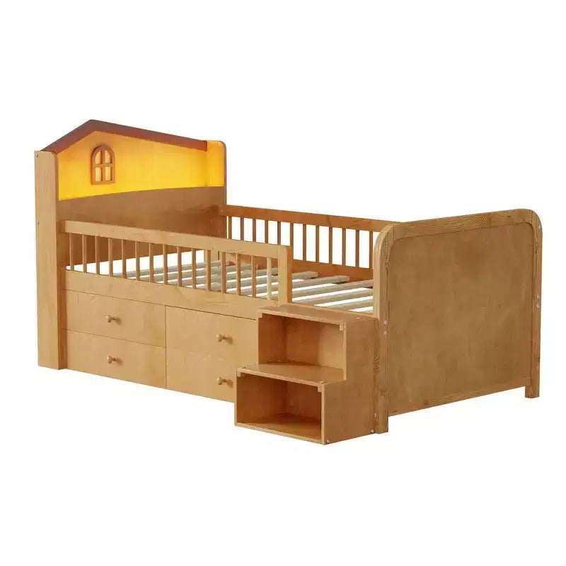 Cama alta baja individual con luces LED, cabecero en forma de casa y cajones de almacenamiento, construcción sólida