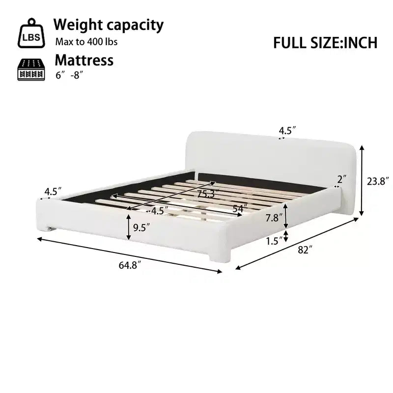 Cama elegante tipo plataforma, estructura tapizada de bouclé con cabecero suave, tamaños matrimonial/queen/king, blanca