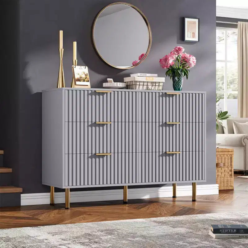 Cómoda de 6 cajones, cómoda de dormitorio moderna de madera con cajones de almacenamiento, mueble de TV estilo granja para sala, dormitorio y pasillo