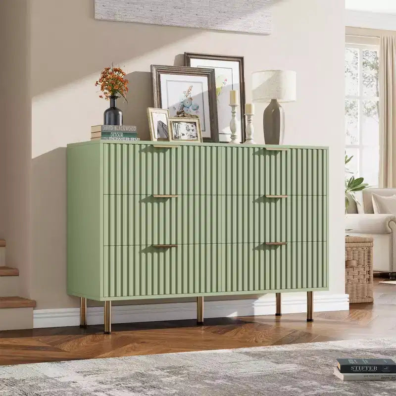 Cómoda de 6 cajones, cómoda de dormitorio moderna de madera con cajones de almacenamiento, mueble de TV estilo granja para sala, dormitorio y pasillo