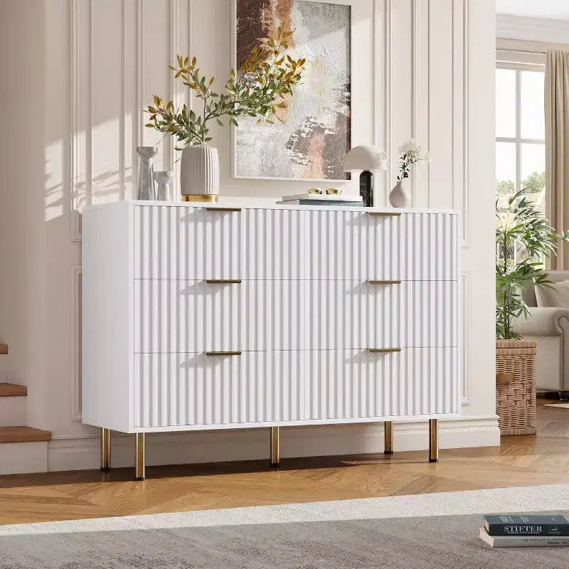 Cómoda de 6 cajones, cómoda de dormitorio moderna de madera con cajones de almacenamiento, mueble de TV estilo granja para sala, dormitorio y pasillo