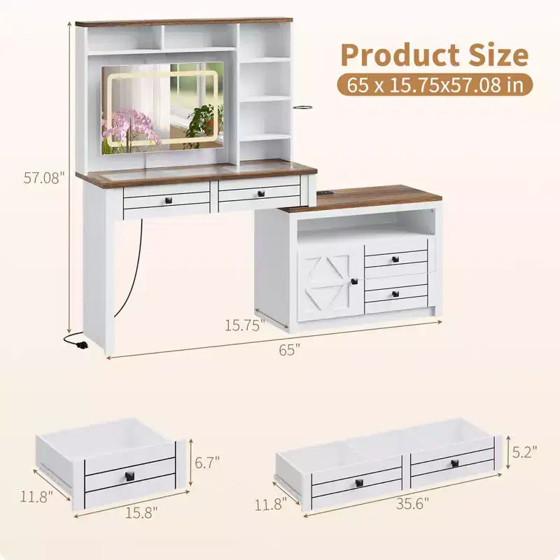 Toeletta angolare per trucco, specchio LED, piano in vetro, prese e USB, 1 anta, 4 cassetti, 7 ripiani