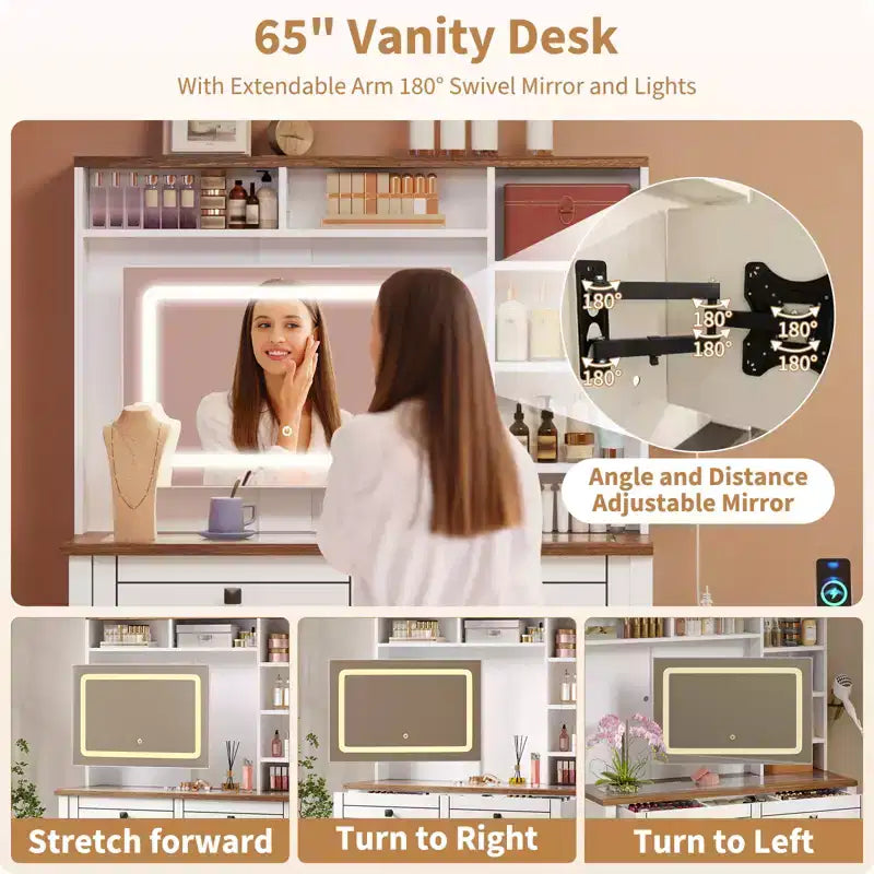 Toeletta angolare per trucco, specchio LED, piano in vetro, prese e USB, 1 anta, 4 cassetti, 7 ripiani